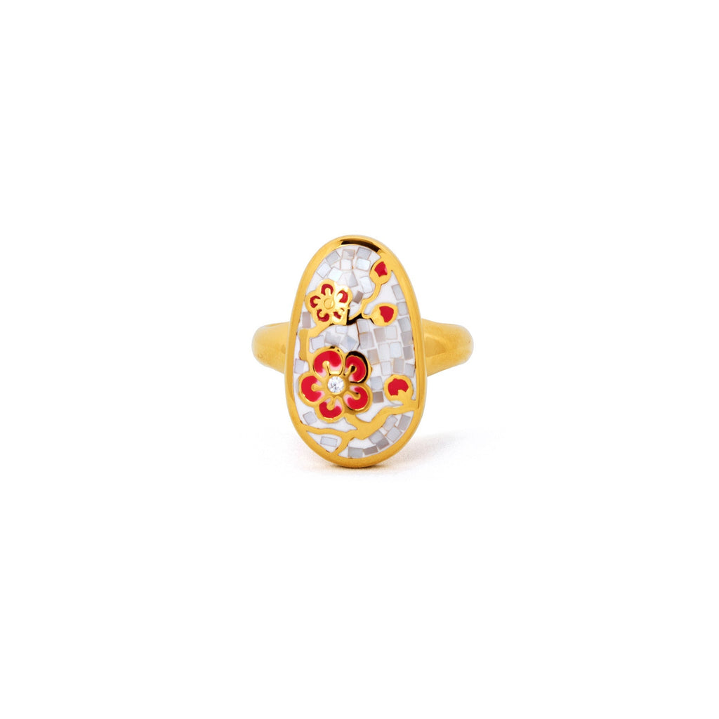 Plum Blossom Mosaic Mother of Pearl Ring Gold
