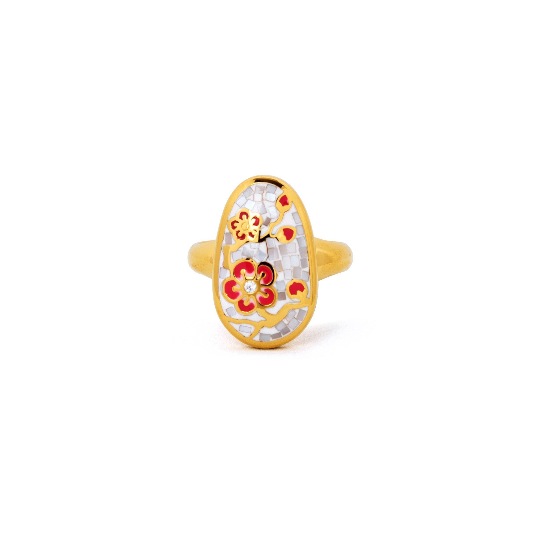 Plum Blossom Mosaic Mother of Pearl Ring Gold