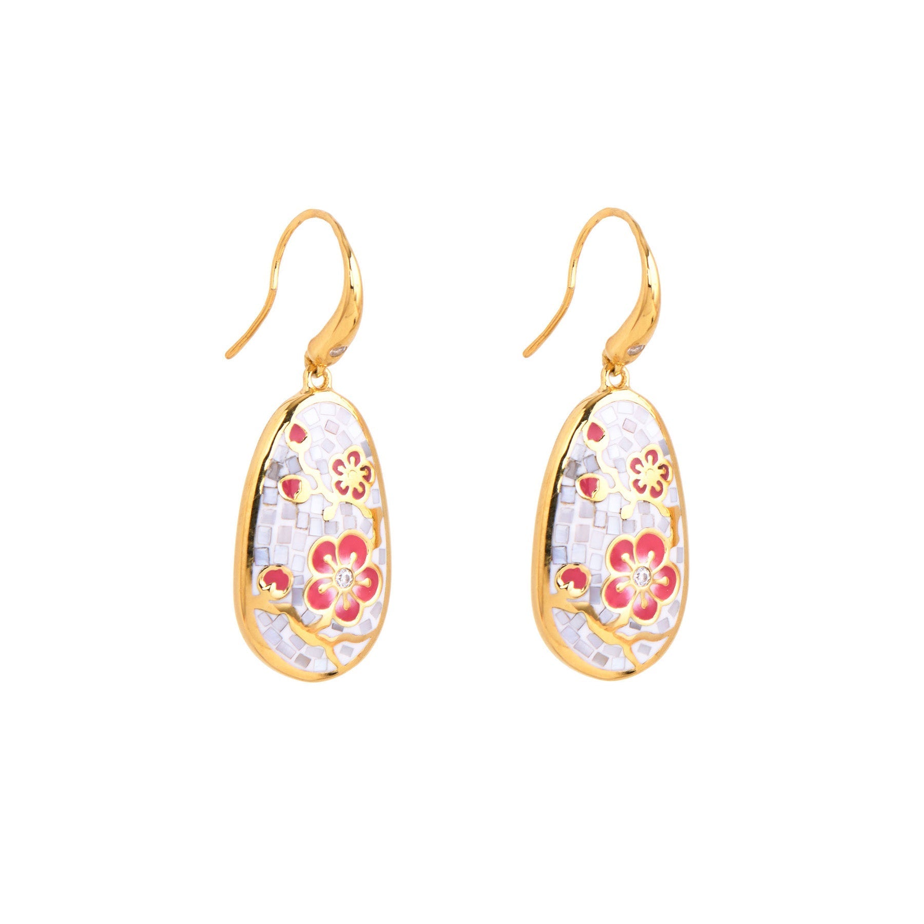 Plum Blossom Mosaic Mother of Pearl Earrings Gold