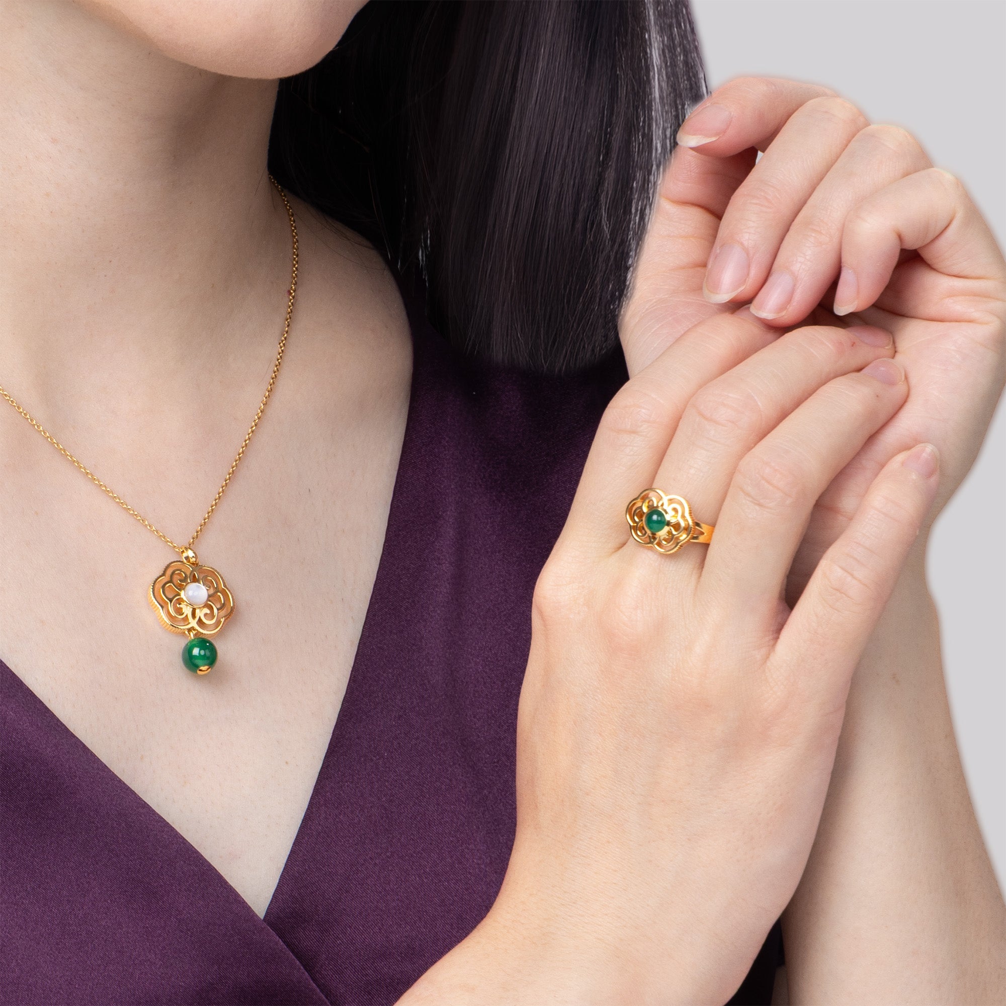 Blissful Ruyi Ring with Green Agate