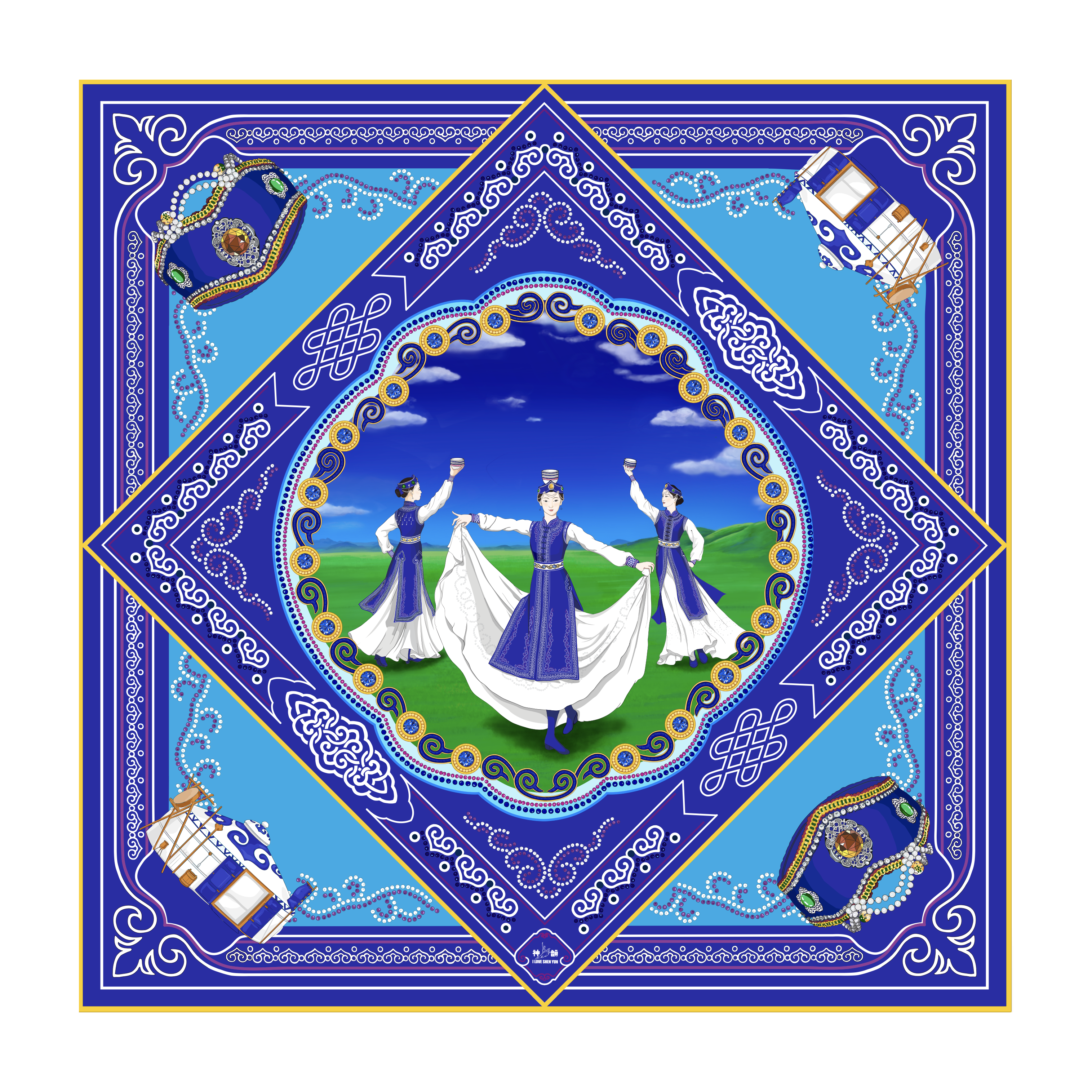 Mongolian Bowls Silk Scarf (36" x 36")  Cover Image 1 | Shen Yun Collections