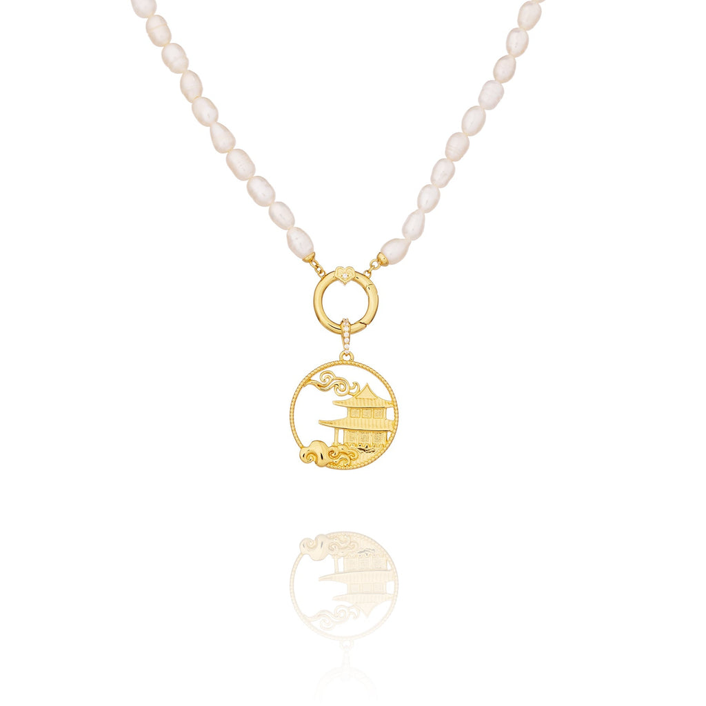 Pearl Charm Clasp Necklace with Mystical Moon Palace Charm Gold - Shen Yun Collections