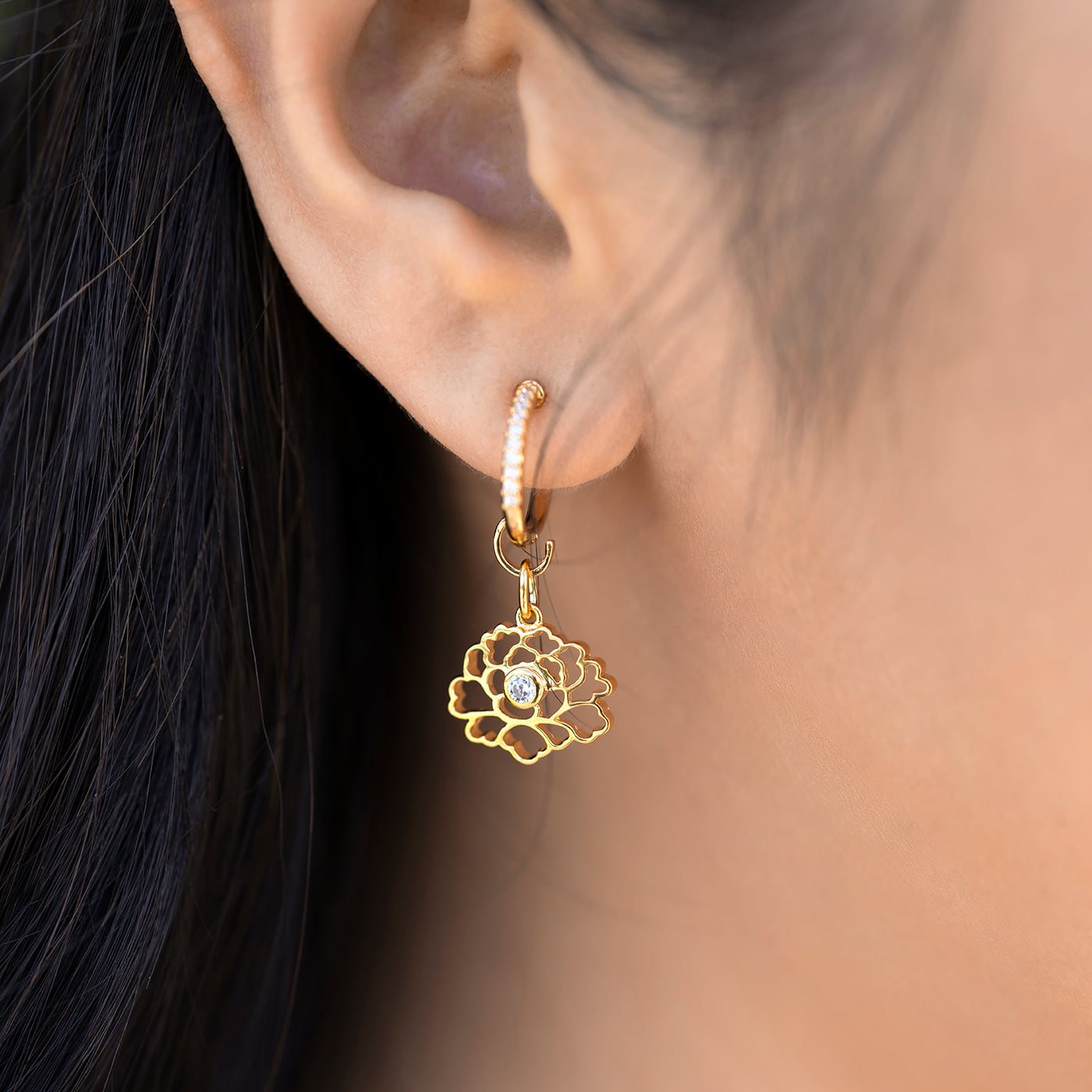 Tang Flower Charm Earrings Gold with White Gem Model Image| Shen Yun Collections