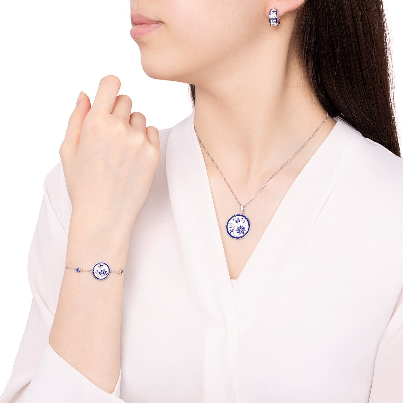 Blue and White Lotus Huggie Earrings