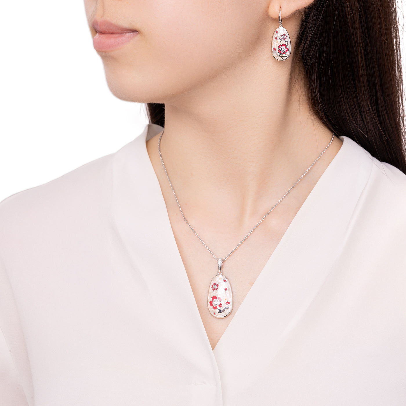 Plum Blossom Mosaic Mother of Pearl Earrings Silver