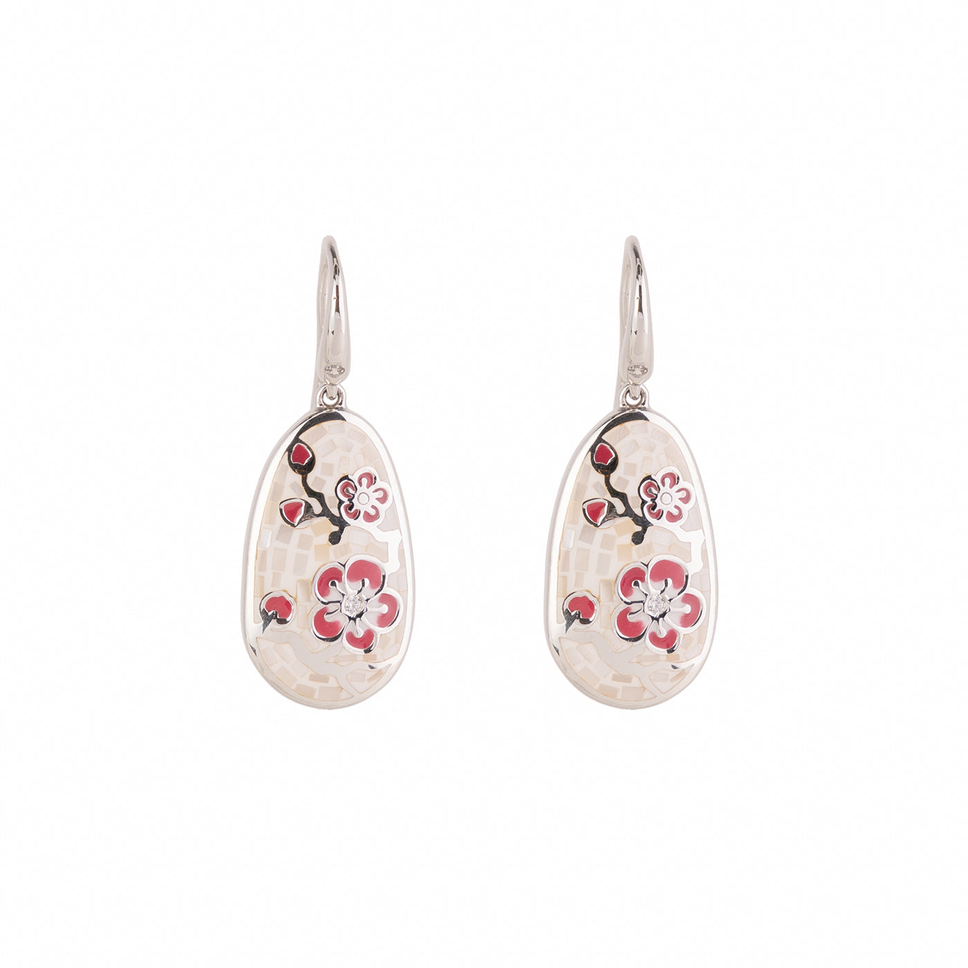 Plum Blossom Mosaic Mother of Pearl Earrings Silver