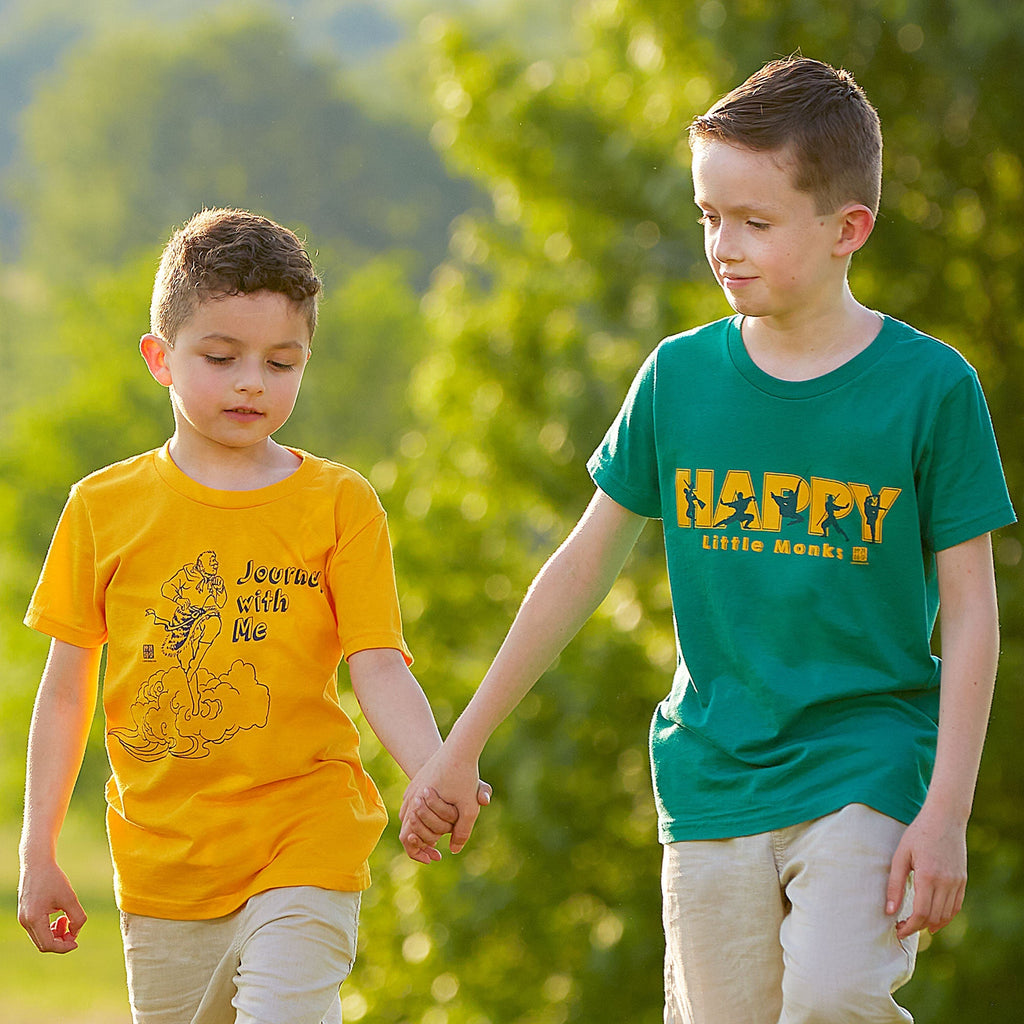 The Magical Monkey King Children T-Shirt Golden Yellow and Happy Little Monks Children T-Shirt Kelly Green Lifestyle Model Image 2 | Shen Yun Collections